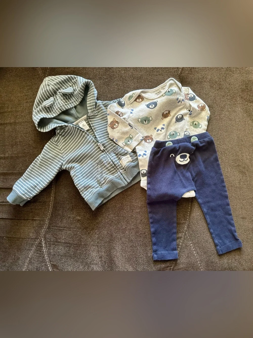 Carter's Blue Striped Hoodie, Bear Print Bodysuit & Navy Pants Set